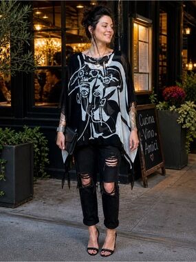 Cocoon House 100% Silk Abstract Face Kaftan Top OS Sheer Art Wear